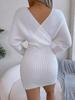 Svetrové šaty s výstřihem do V a křížením, jednobarevné, elegantní, s dlouhým rukávem, bodycon, volné šaty, ležérní netopýří šaty