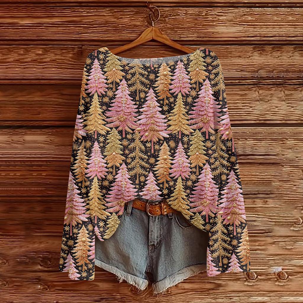 Ladies' Fashionable Casual Long Sleeved Christmas Printed Round Neck Knitted Yarn