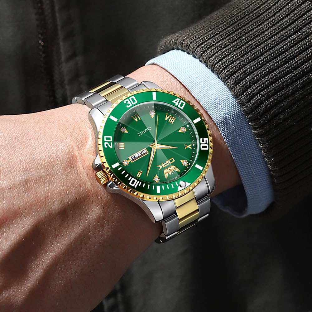 Montre à Quartz OPK avec Date Montre Classique en Acier Inoxydable pour l'École ou Affichage Or Vert pour Homme, Étanche, Lumineuse, Élégante, Bureau, &