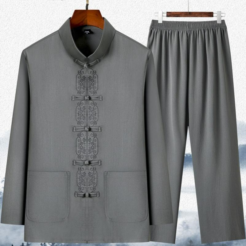 Tang Suit Men's Long-sleeved Chinese Hanfu Spring and Summer Dad Shirt Grandpa Shirt Tai Chi Suit