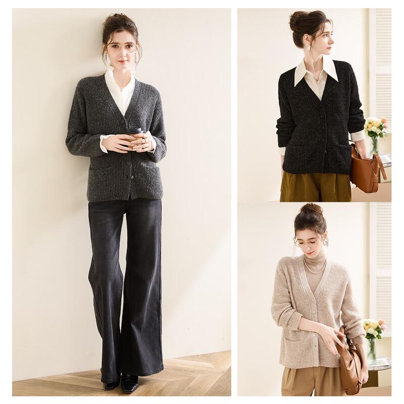 TUHUANG Women's 2025 A/W Pure Wool Thickened Ribbed V-Neck Cardigan Sweater
