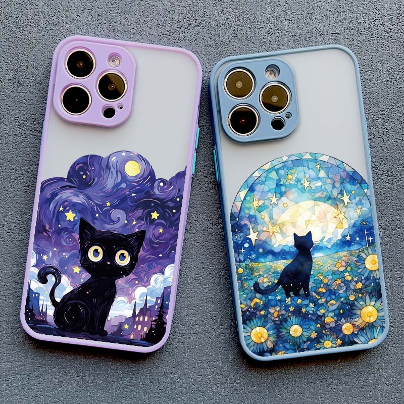 Starry Sky Cat Phone Case for iPhone 16 15 14 Pro Max 13 12 Mini 11 Pro Max XR XS X 8 7 Plus SE 2020 Shockproof Back Cover Funda