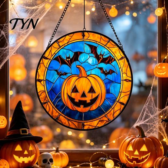 Seasonal Decorative Disc Retro Halloween Pendant, Ghost/Bat/Spider Web/Pumpkin Head Print, Door Handle Welcome Sign Vintage Acrylic Hanging