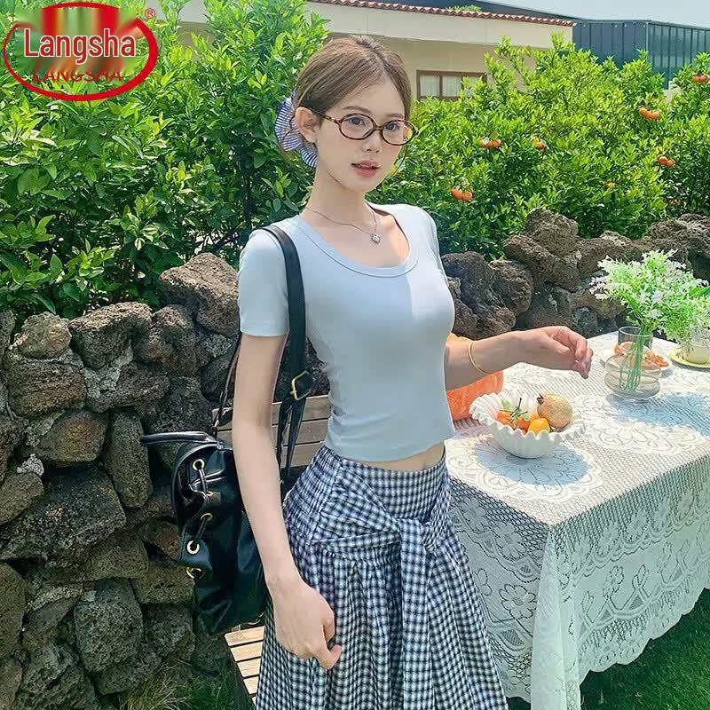 Langsha Women s U-Neck Short Sleeve T-Shirt 2XL синий