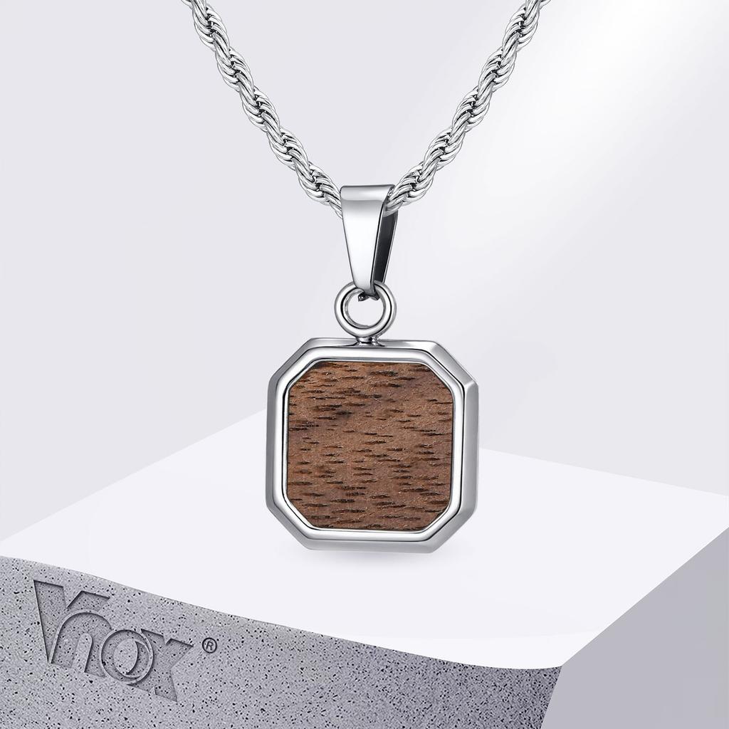 Vnox Quadratischer Holzanhänger Halskette aus Edelstahl mit gedrehter Kette, Wasserdicht Hypoallergen Minimalistischer Schmuck Geschenk für Männer