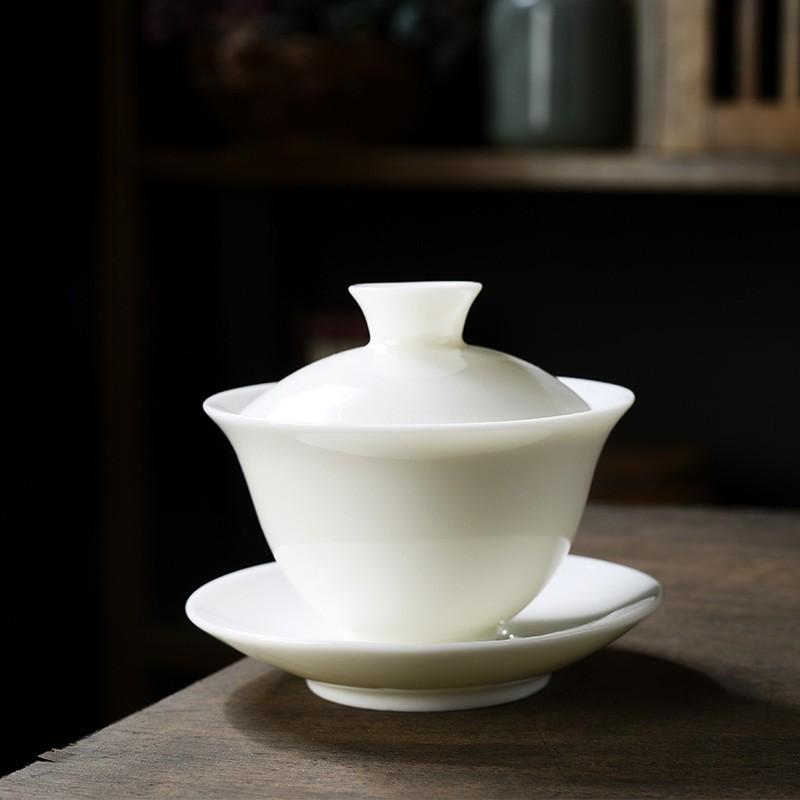 White Porcelain Gaiwan Tea Bowl Set With Lid Saucer Jade Like Ceramic Kung Fu Teacup For Home Office Brewing