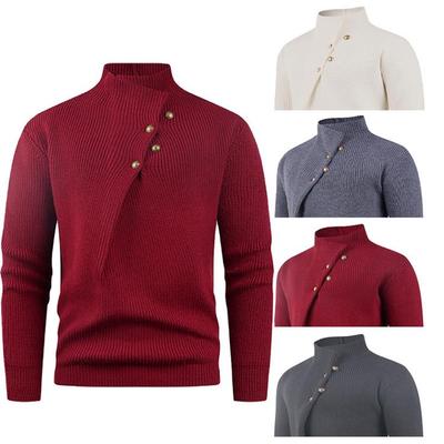 Men's Trendy Autumn-Winter Wool Blend Pullover Sweater, Half-High Collar, Buttoned, Solid Color Knit