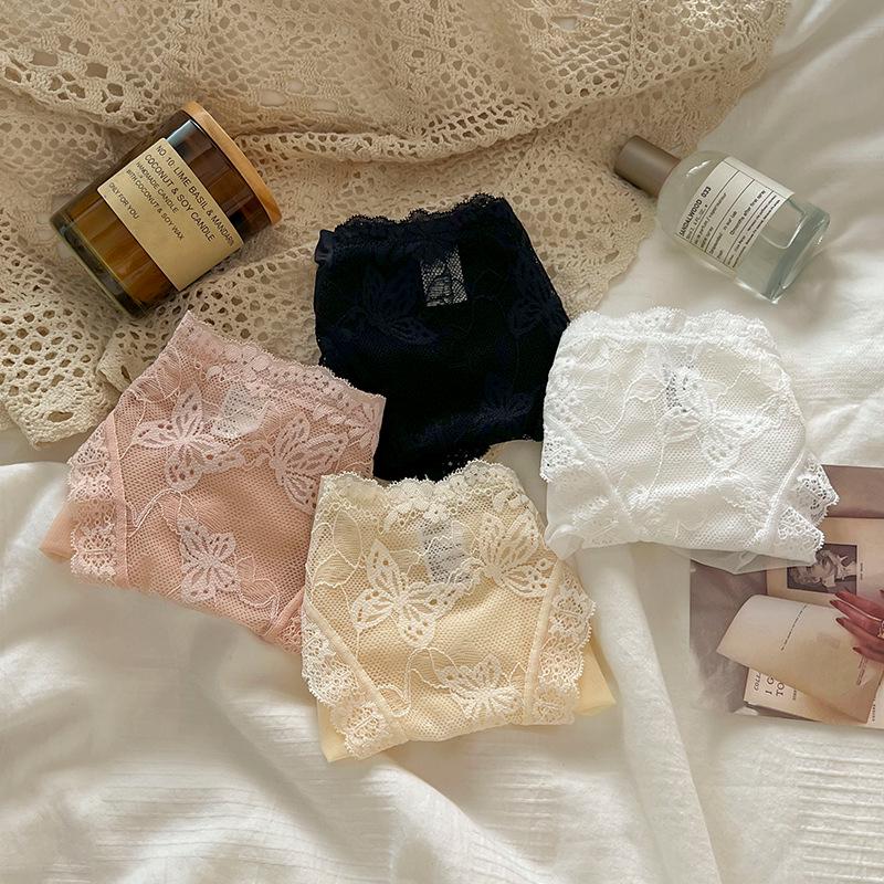 French Lace Trim Mid-Waist Women's Panties - Comfortable Bow Design, Translucent Triangle Style