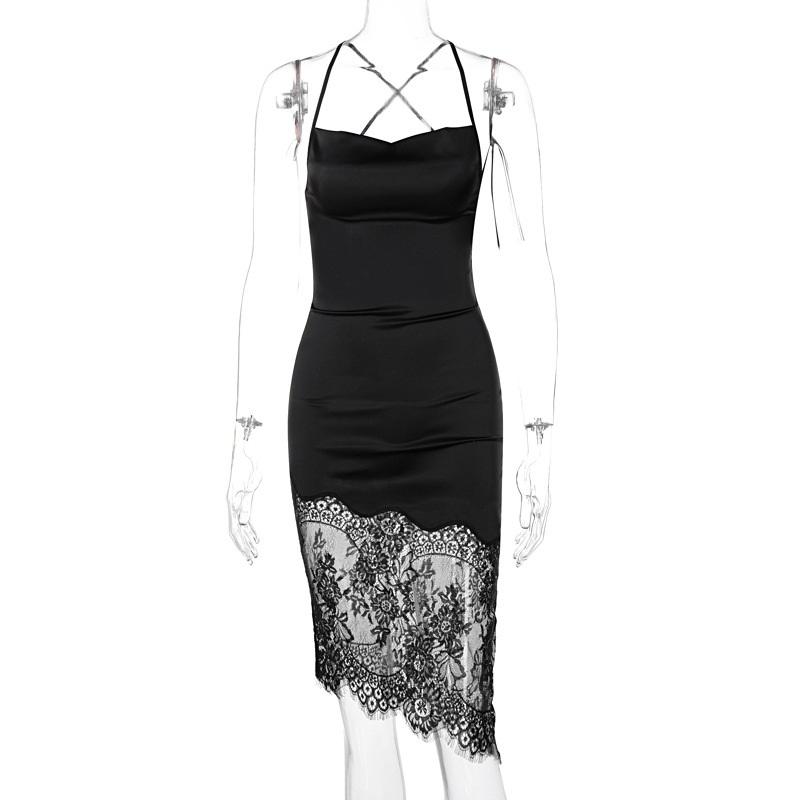 Sleeveless Side Slit Lace Patchwork Backless Cami Maxi Dress Women’S Sexy Elegant Long Dress Party Clubwear Autumn