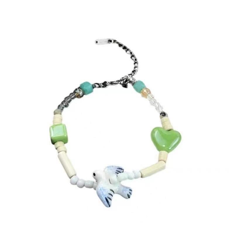 Womens Trendy Ceramic Beaded Bracelet With Heart And Geometric Charms Retro Style
