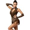 Women Leopard Print Latin Bodysuit Oversleeve Tassel Keyhole Backless Hollow Waist Button Crotch Leotard
