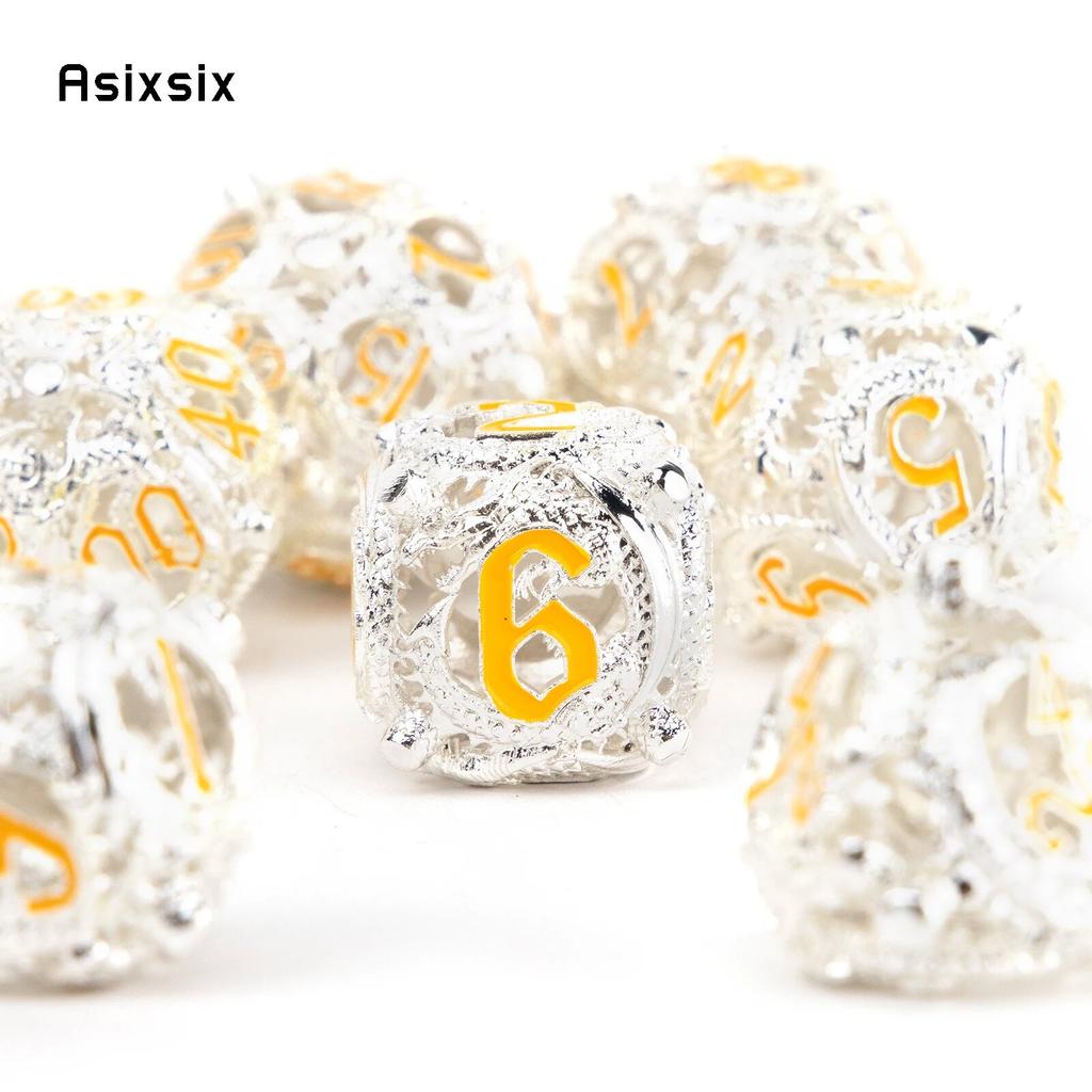 7 Pcs White Yellow Circular Dragon Metal Dice Hollow Metal Polyhedral Dice Set Suitable for Role-Playing RPG Game Card Game