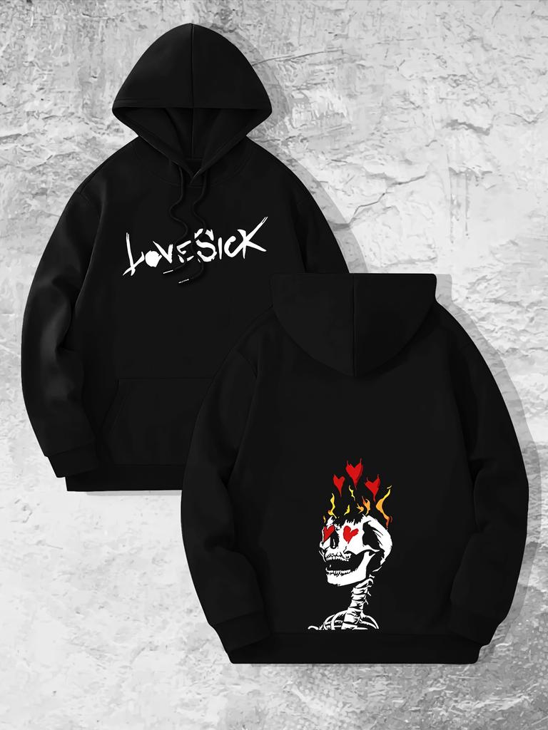 Lovesick Skull Flame Heart Hoodie Unisex Gothic Streetwear Sweatshirt Front Back Graphic Pullover