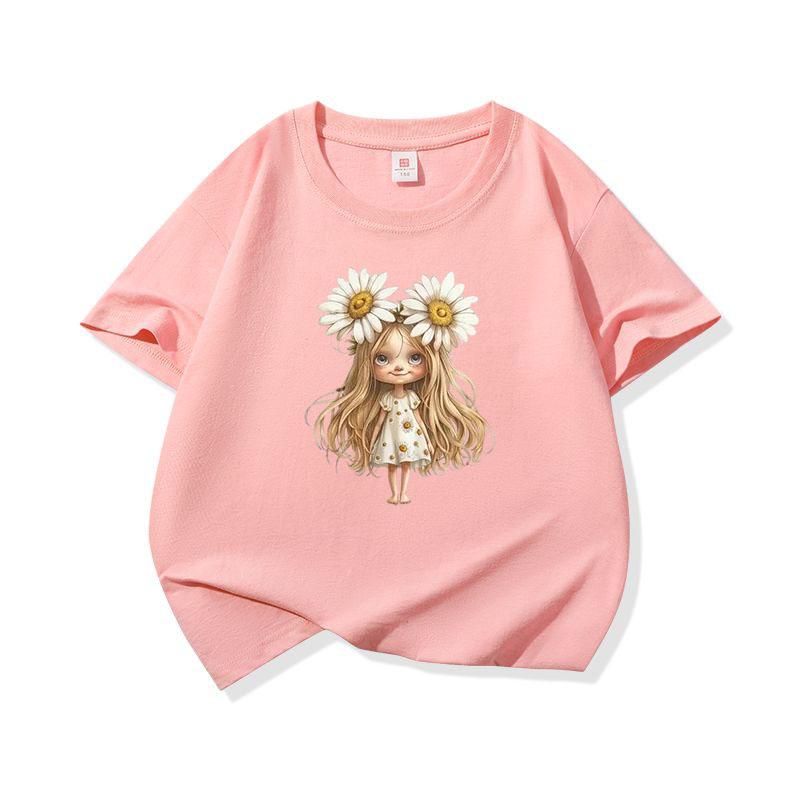 Kids Cotton T Shirt White Daisy Girl Print Crew Neck Short Sleeve Tee Casual Breathable Boys Girls Summer Tops