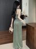 Elegant Velvet Bowknot Patchwork Camisole Dress - Slim Fit, High Slit, Hip-Hugging, Formal Long Gown