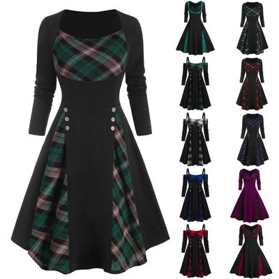 Damen Vintage-Kleid mit rundem Ausschnitt, kariertem Patchwork, Mock-Button und langen Ärmeln
