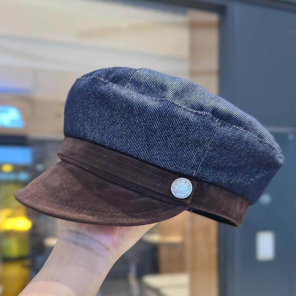 Navy Hat Autumn New Ins Denim Color Matching Metal Label Flat Top Newsboy Hat Female British Beret