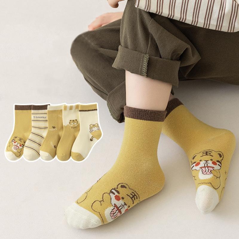 5Pairs/Set Baby Socks Spring Autumn Toddler Boys Girls Cute Tiger Middle Tube Socks For Kids Cute Letter Striped Cotton Sock