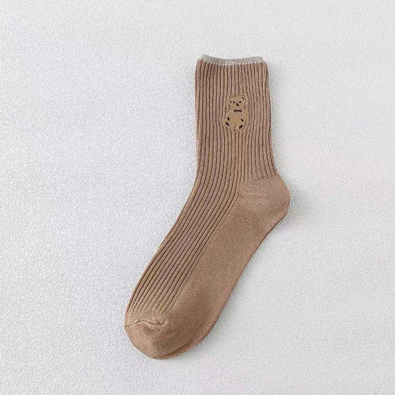 Female Spring and Autumn Striped Embroidered Bear Middle Tube Pile Cotton Socks