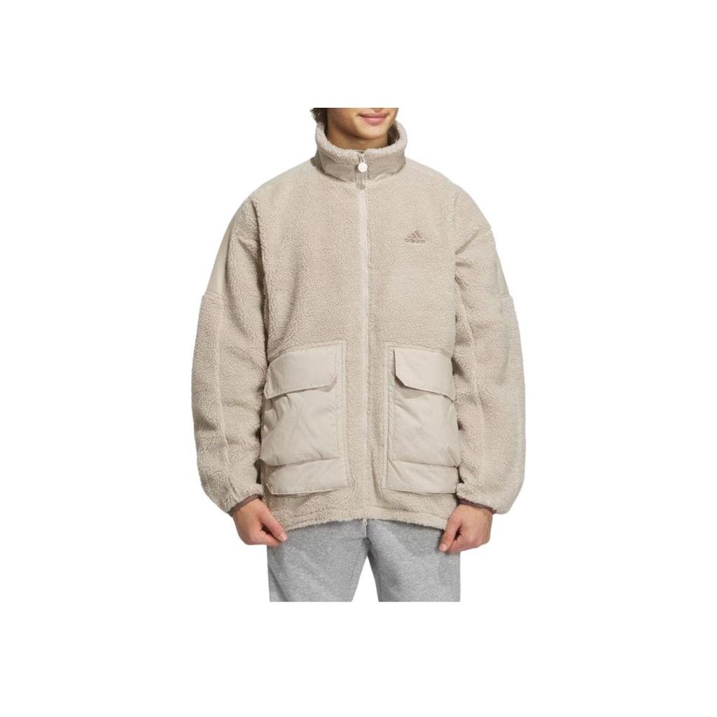 adidas Turn-Down Collar Letter Print Pocket Long Sleeve Jacket Unisex Outerwear Beige IK7342