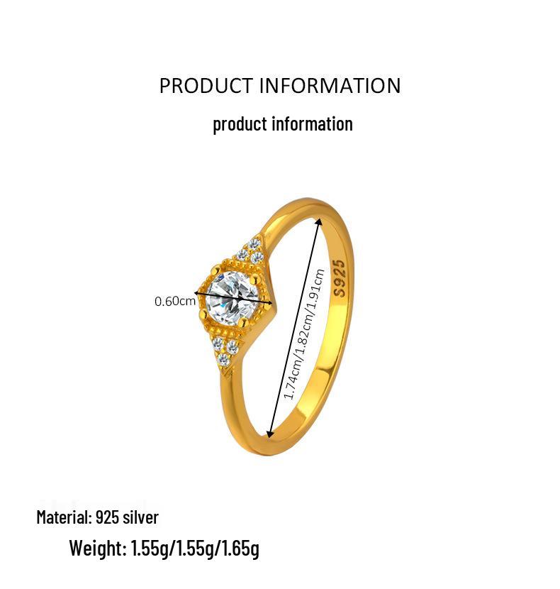 18K Gold Plated Sterling Silver Ring with Round Cubic Zirconia: Retro Palace Style Light Luxury Index Finger Accessory