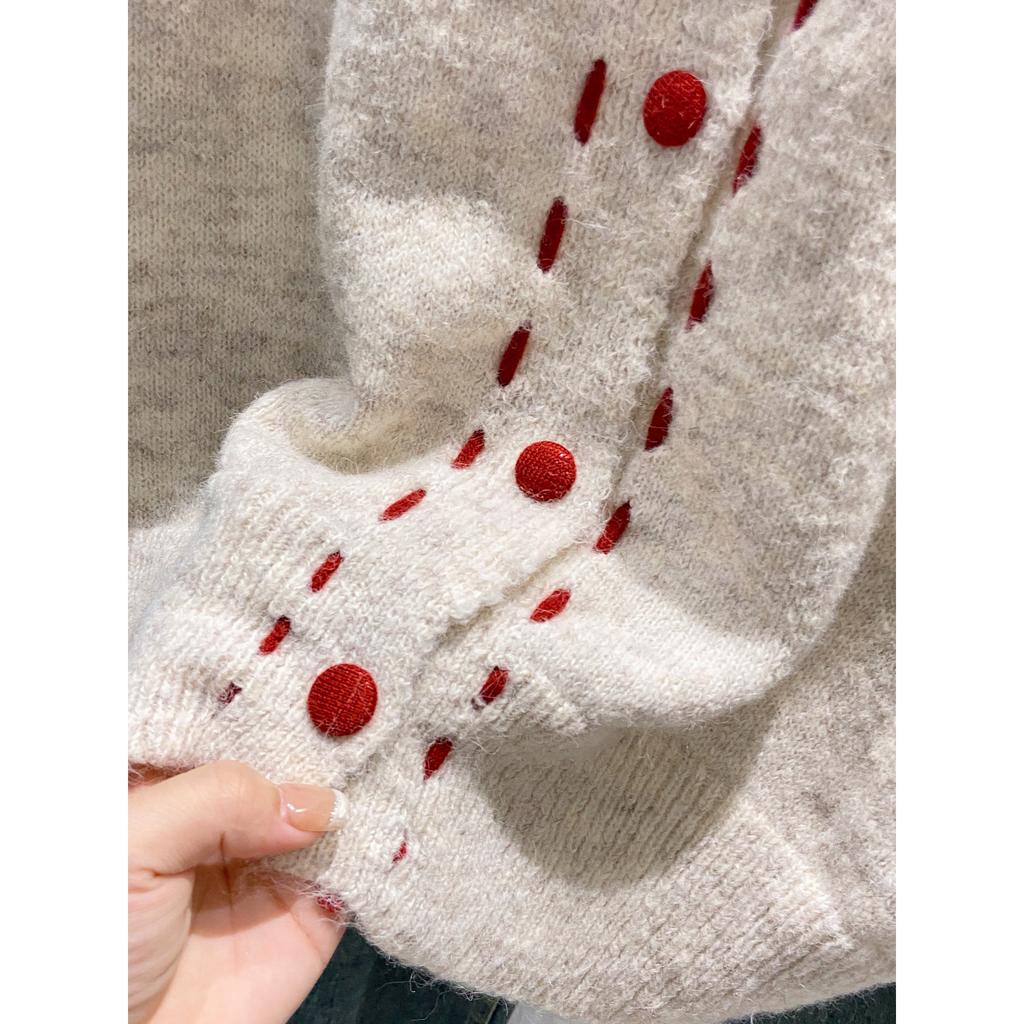 Apricot Soft Waxy Sweater Jacket Women's Spring and Autumn New Design Sense Loose Contrasting Color Knitted Cardigan Short Button Top