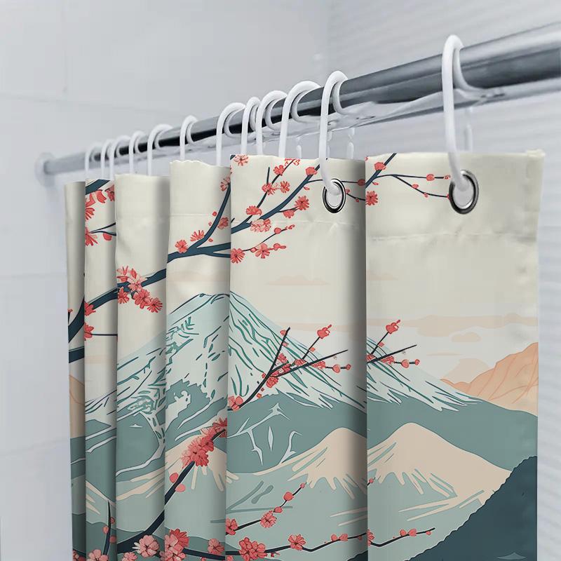 Elegant Japanese Style Shower Curtain With Mount Fuji And Cherry Blossoms - Waterproof And Durable Home Decor Essential