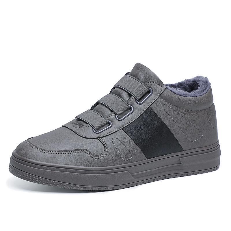 Men's Fleece-Lined Winter Slip-On Casual Leather Shoes - Korean Style, Non-Slip, Warm, Mid-Top Trendy Sneakers