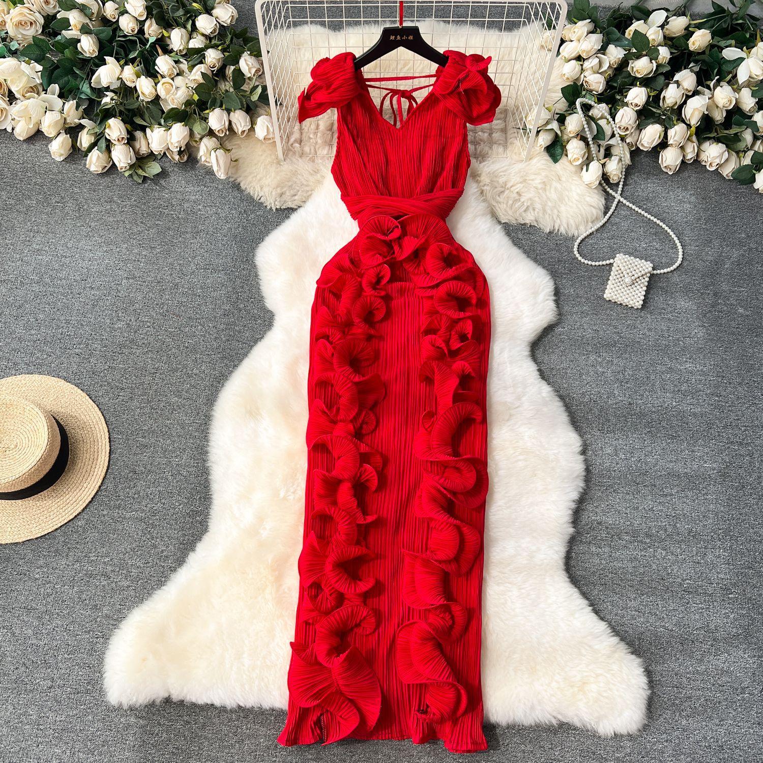 women s Pleated Ruffle V-Neck Evening Gown Sleeveless Maxi Dress One size fits all красный