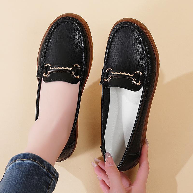 Women's casual plate-size spring and summer breathable loafers, 100% genuine leather shoes, fashionable women's flat shoes