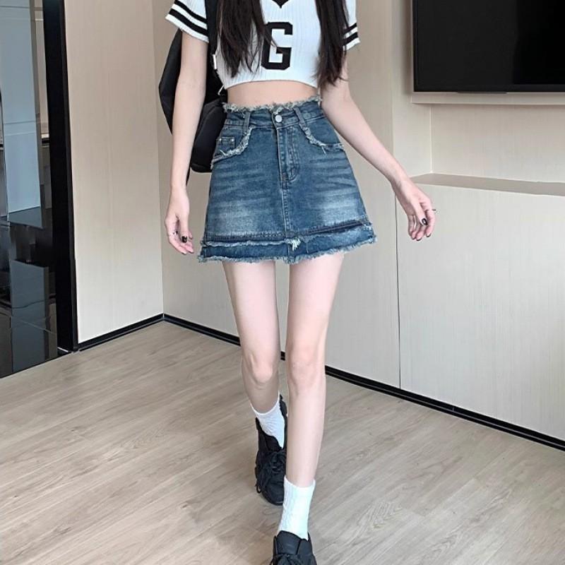 High Waist Denim Mini Skirt Women A-Line Slim Fit Distressed Edge Short Casual Chic 2025