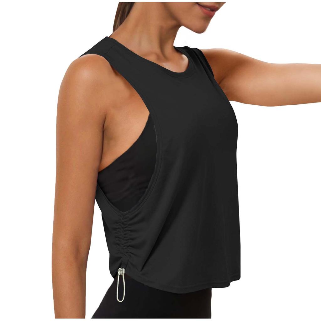 Women’s Sleeveless Loose Fit Tank Top with Side Drawstring Design Athletic Workout Shirt for Yoga Running Gym Fitness