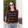 Women'S Summer Purple Striped Cotton T-Shirt O-Neck Long Sleeve Loose Fit Casual Fashion Top Anti-Pilling Feature Digital