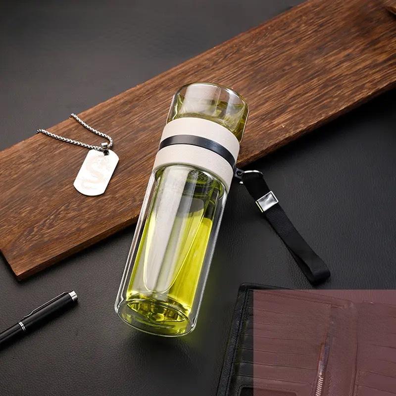 NEUE Glasflasche doppelwandig transparent Borosilikatglas Teetasse mit Henkel tragbar unabhängiges Tee-Lager Gefäß