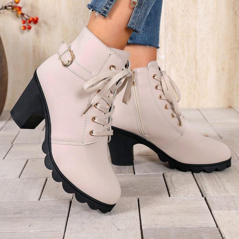 Coarse Heel Short Boots Round Head Lace-up and Bare Boots New High Heel Side Zipper Martin Boots Women's Single Boots Belt
