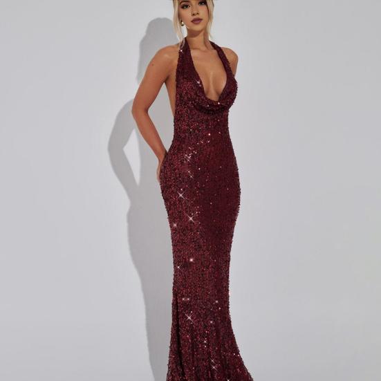 Women's Sheer Mesh Maxi Dress Sparkly Sequins See Through Halter Long Dress Deep V Neck Backless Bodycon Dress Sexy Party Outfits