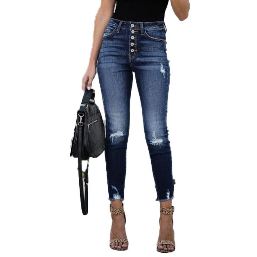 High-waisted Vintage Breasted Ripped Jeans with Small Feet