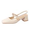Thick Heel Square Head Single Shoes Women's High Heel Medium Heel Sheepskin Back Strap Mary Jane Shoes with Sandals