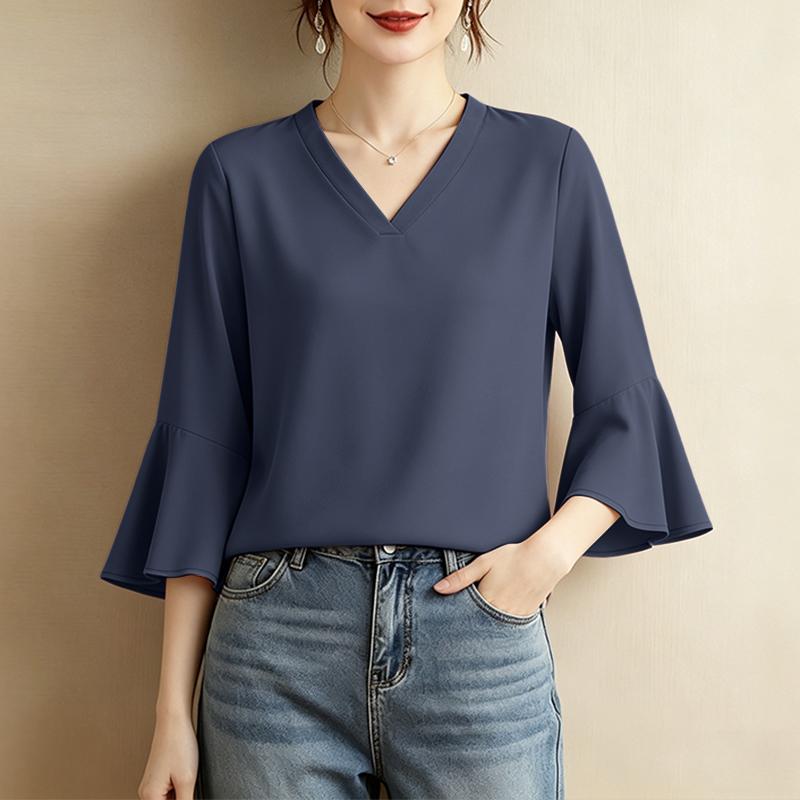 ZANZEA Women Casual V-Neck Solid Color 3/4 Sleeve Loose Blouse