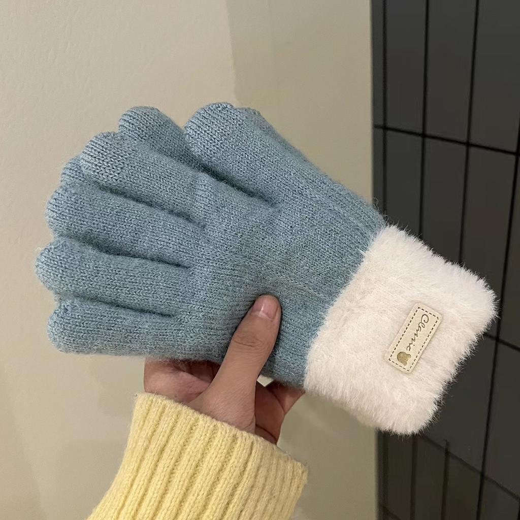 New  Autumn and Winter Gloves Ladies Cycling Rows Warm Finger Solid Color Touch Screen Fleece Thickened Knitted Cute Student