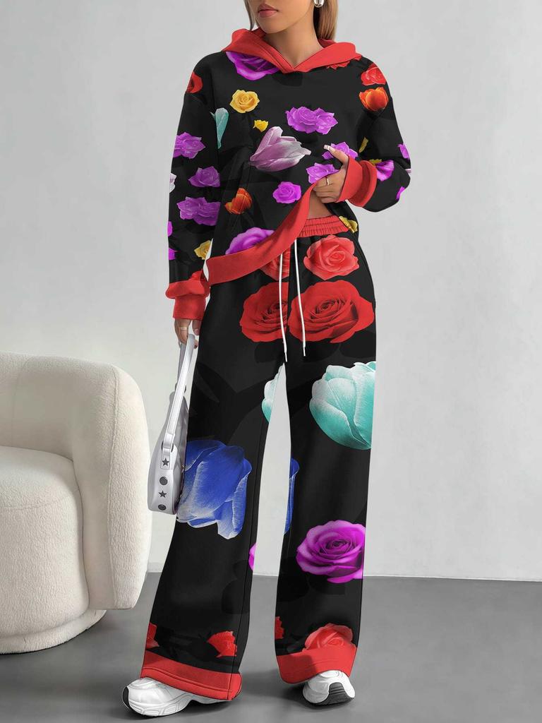 Retro Pattern Splicing European, American Autumn And Winter Casual Long-Sleeved Suit Women'S Hooded Sweater Trousers Two-Piece Set