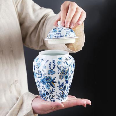 900ML Ceramic Ginger Jar Blue Rose Decoration Jar Blue and White Porcelain General Jar Household Sealed Dried Fruit Candy Box