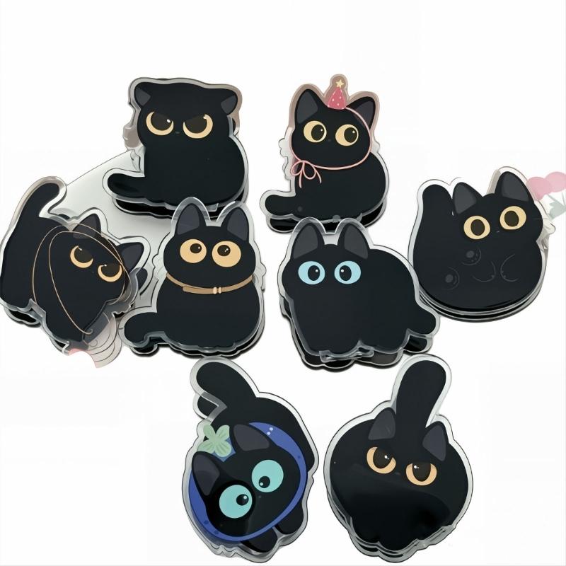 Acrylic Bag Closures with Black Character Artwork, Set of 8 Small Pieces for Kitchen Storage, Treat Bags, Seasoning Packets, and Drawer Order