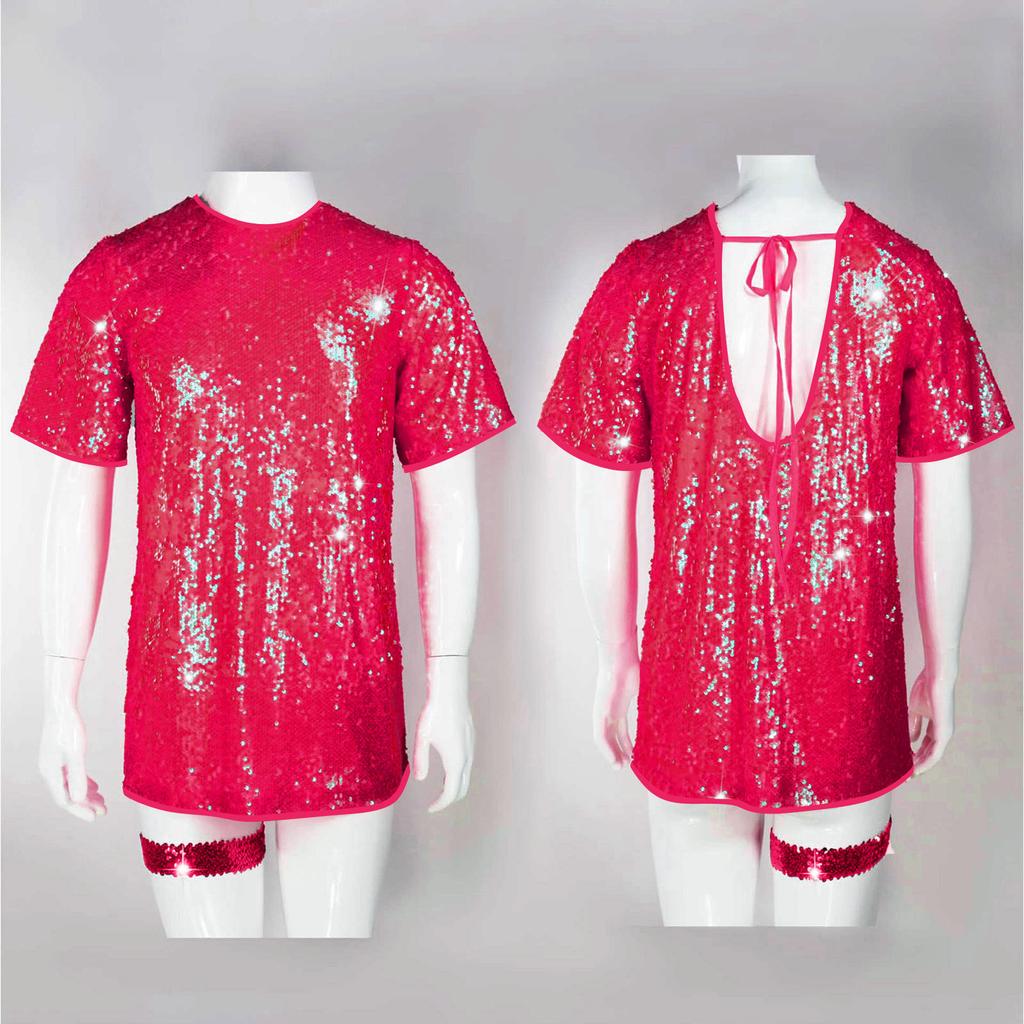 Women's Sequin T-Shirt Dress Sparkly Casual Short Sleeve Party Club Outfit Costume