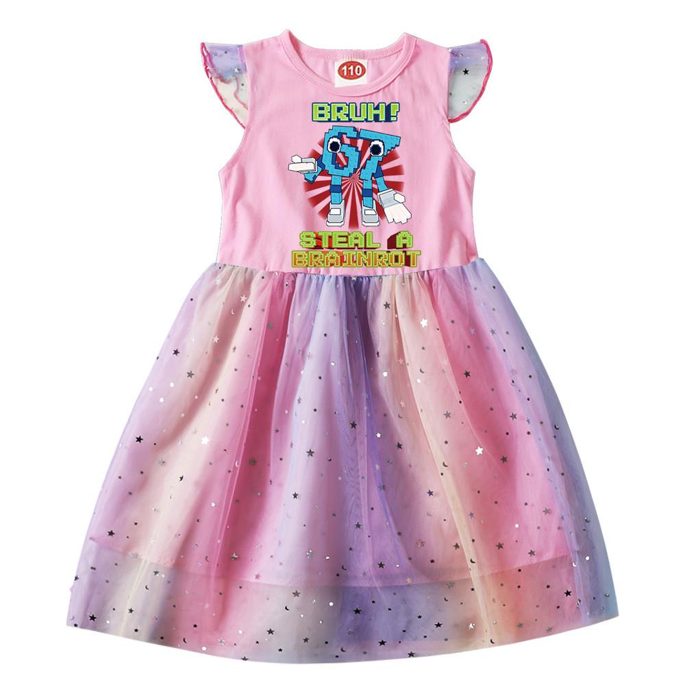 9192 Kids Girls Steal a Brainrot 67 Six Seven Print Ruffle Short Sleeve Sequins Casual Rainbow Dress