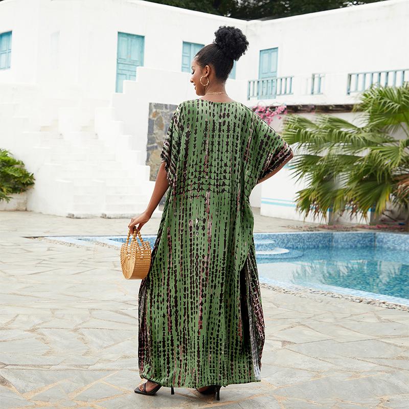 EDOLYNSA Damska artystyczna sukienka plażowa Plus rozmiar tunika w paski dekolt w kształcie litery V Tie-Dye sukienka Kaftan lekka swobodna odzież domowa Q1218