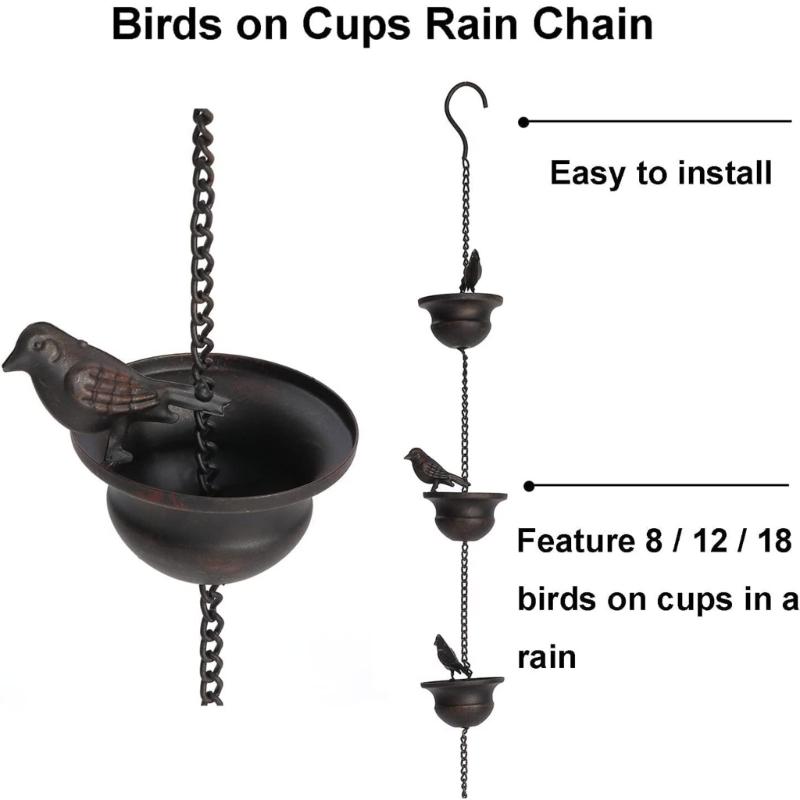 Metal Rain Chain Birds on Cup Rain Catcher Fit for Gutter Home Garden Park Roof Decoration Metal Drainage Downspout Tool