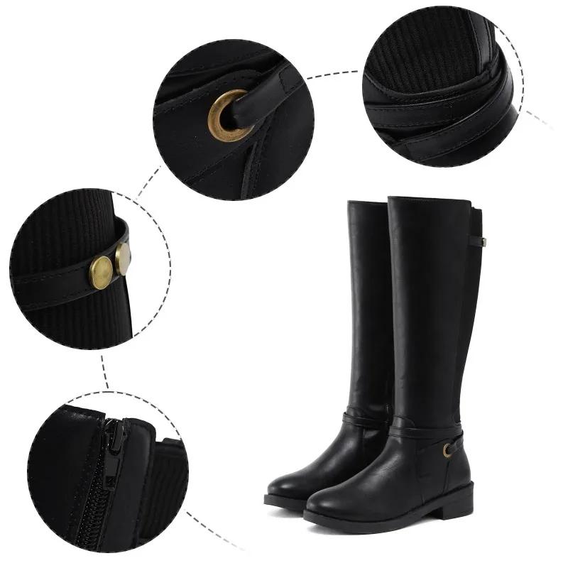Damenstiefel aus Leder mit klobigem Absatz, lange Stiefeletten, kniehohe Stiefel für Damen, Winterschuhe, Schlabberstiefel für Damen, breite Wade