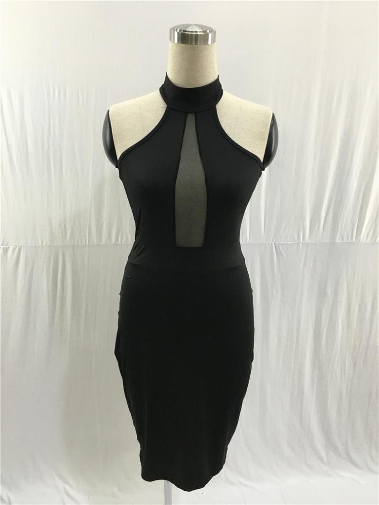 Women's Sleeveless Halter Neck Mesh Backless Dress - European & American Style