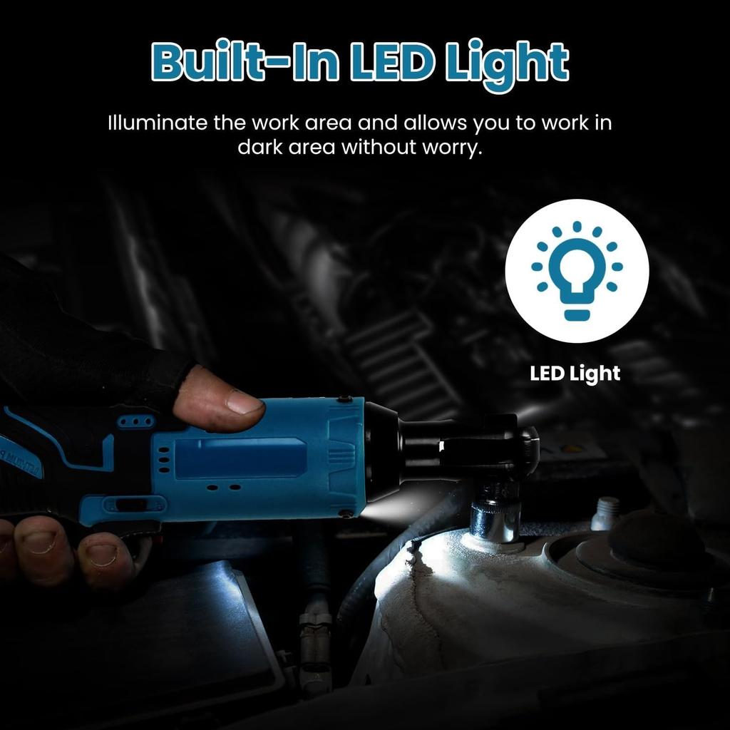 Set di chiavi a cricchetto senza fili, Avvitatore a cricchetto elettrico 12V con velocità 400 RPM, 7 bussole, 2 batterie agli ioni di litio da 1200 mAh e luce LED, Compatto
